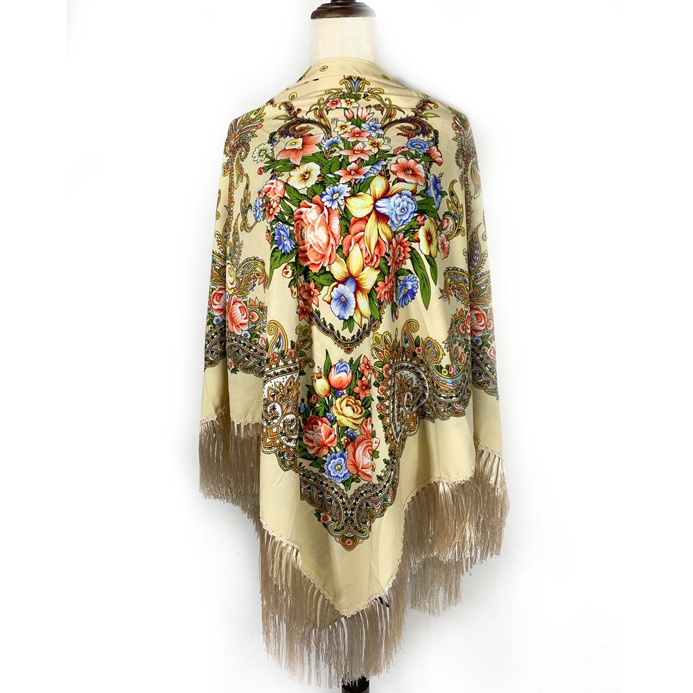 160*160Cm Russian Square Scarf Women Retro Floral Print Fringed Bandana Blanket Shawl Babushka Handkerchief Hijab Head Wraps