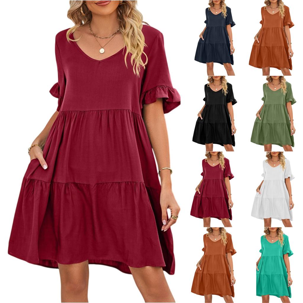 Women's Casual Fashion Summer V-Neck Dresses Solid Color Short Sleeve Pleated Dresses