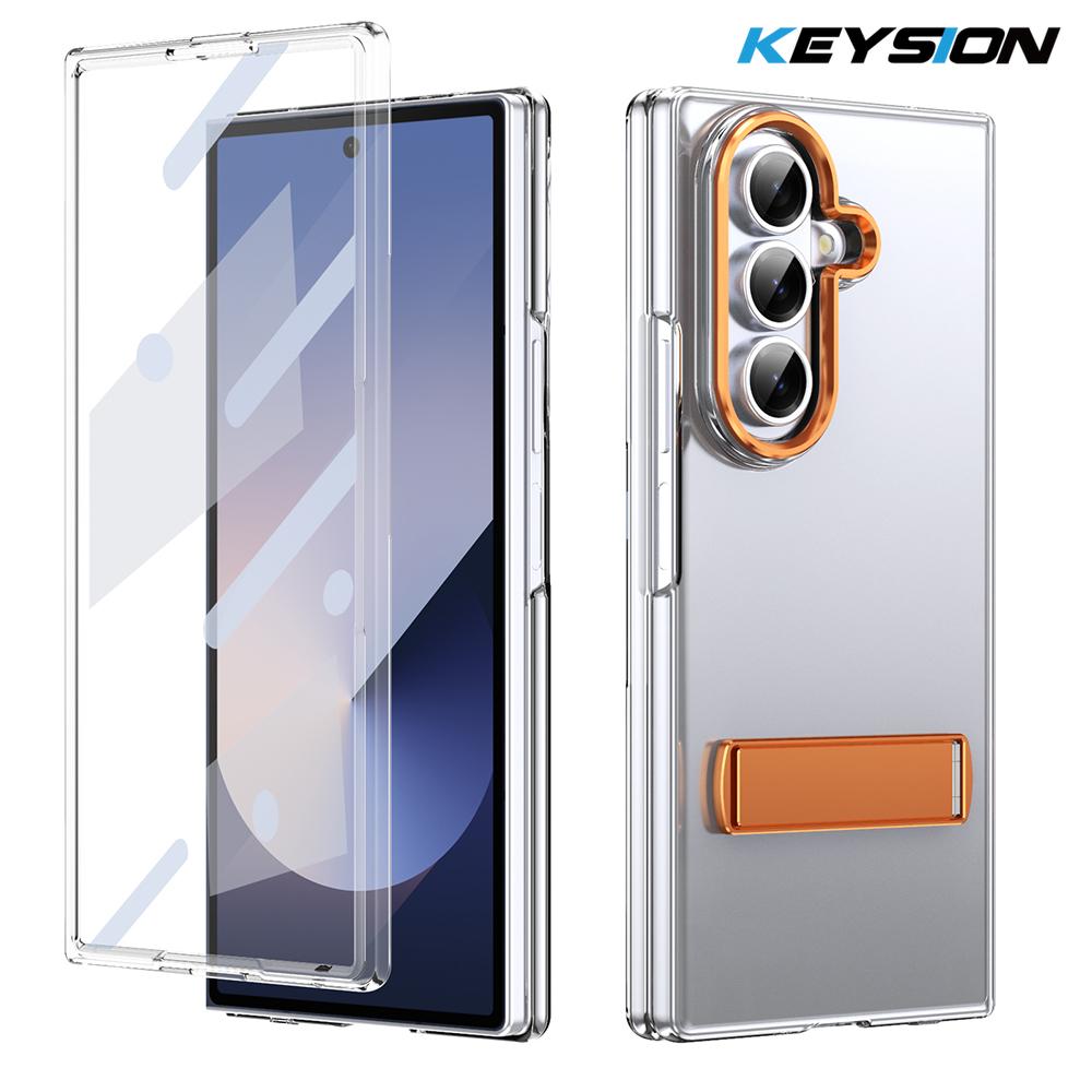 KEYSION Transparent Case for Samsung Galaxy Z Fold 7 Hard PC Metal Kickstand Shockproof Phone Cover with Glass Screen Protector
