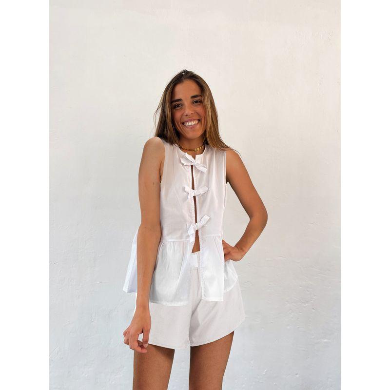 

Women European and American Fashion Shorts Set Beach Vest Stripe Tether Shorts Sleeve Set White sleeveless suit S