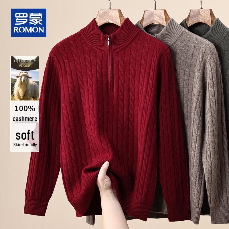

ROMON Men s 100% Cashmere Thickened Half-Zip Cable Knit Sweater 3XL