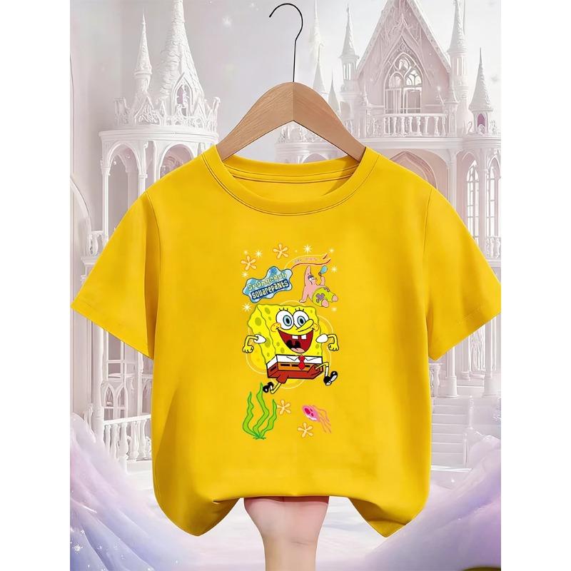 Street SpongeBob SquarePants Casual T Shirt 3-14Y Boys Girls Summer Cute Kawaii Fashion Hot Cartoon Crew Neck Kids