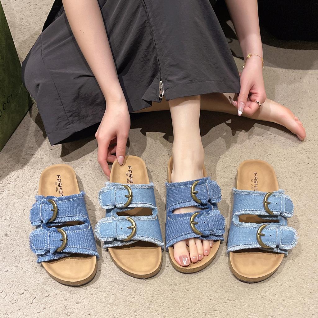 Foreign trade large size flat-bottomed cool slippers for women 2025 summer new European and American retro denim thick-bottomed cool slippers for wom