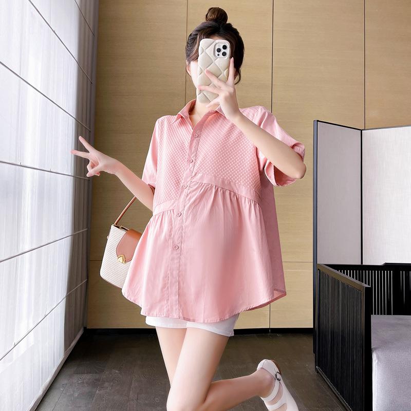 2026 Korean Style Maternity Plaid Patchwork Doll Top + Belly Support Shorts 2XL