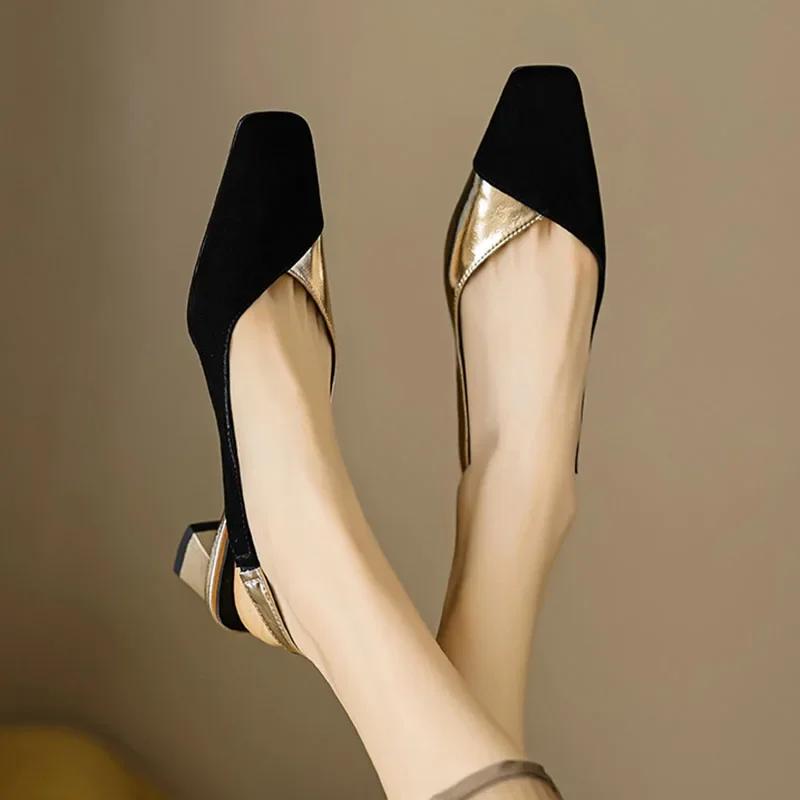 Women Square Toe Sandals Black Toe Patchwork Pumps Gold Sliver Slingbacks Mid Heels Summer Female Dress Shoes Plus Size 41