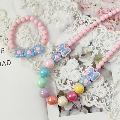 Kids' Colorful Bow & Flower Necklace and Bracelet Set with Large Round Beads