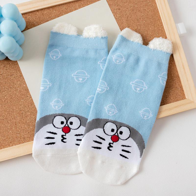 Women's Blue Fat Cat Cartoon Socks – Cute 3D Ears, Feather Yarn, All Cotton, Low-Cut Boat Style