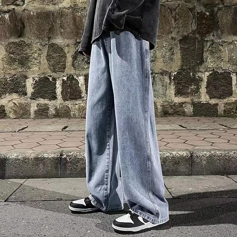 Four Seasons Streetwear Loose Jeans Men Korean Style Fashion Loose Straight Wide Leg Pants Men's Brand Clothing Black Light Blue