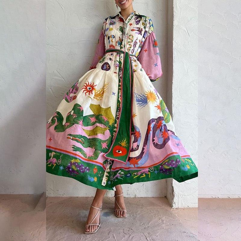 2024 Women s Summer V-Neck Casual Dress: Printed, Lace-up, Waist-Cinching, Long Sleeve 2XL фиолетовый