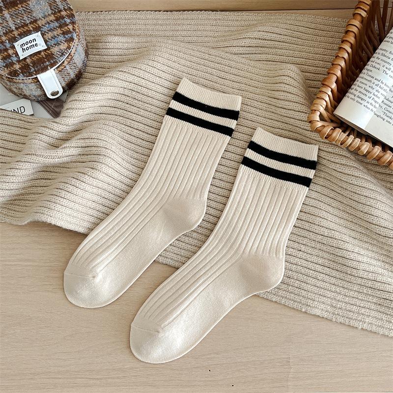 Spring and Autumn Mid-calf Cotton Socks for Women, Anti-odor Double-needle Pile Socks, Long Stockings for Warmth In Autumn and Winter