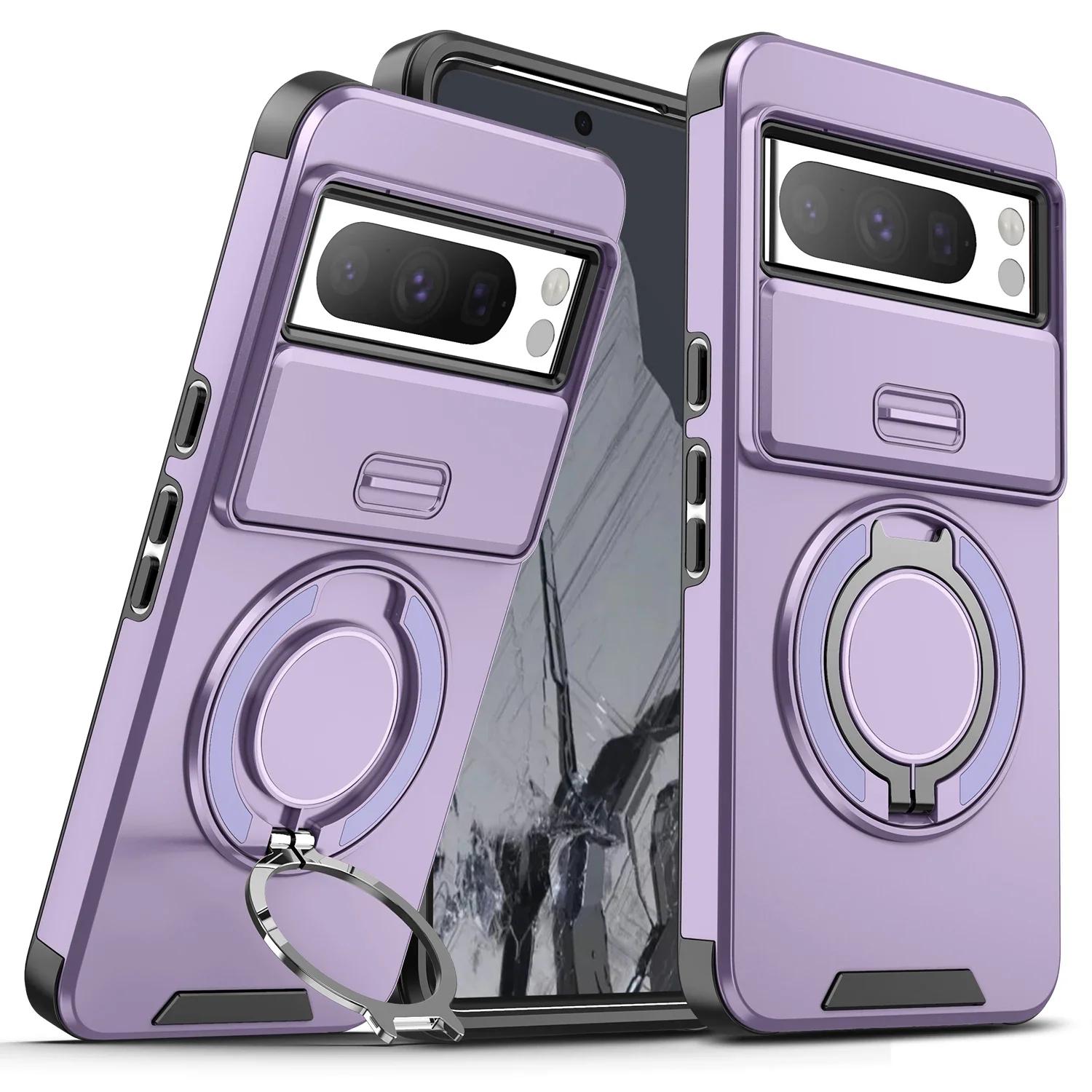 Coque antichoc hybride double couche avec support anneau magnétique en métal pour Google Pixel 9 7 8 Pro XL 8A Housse de protection coulissante pour objectif de caméra For Pixel 9 violet
