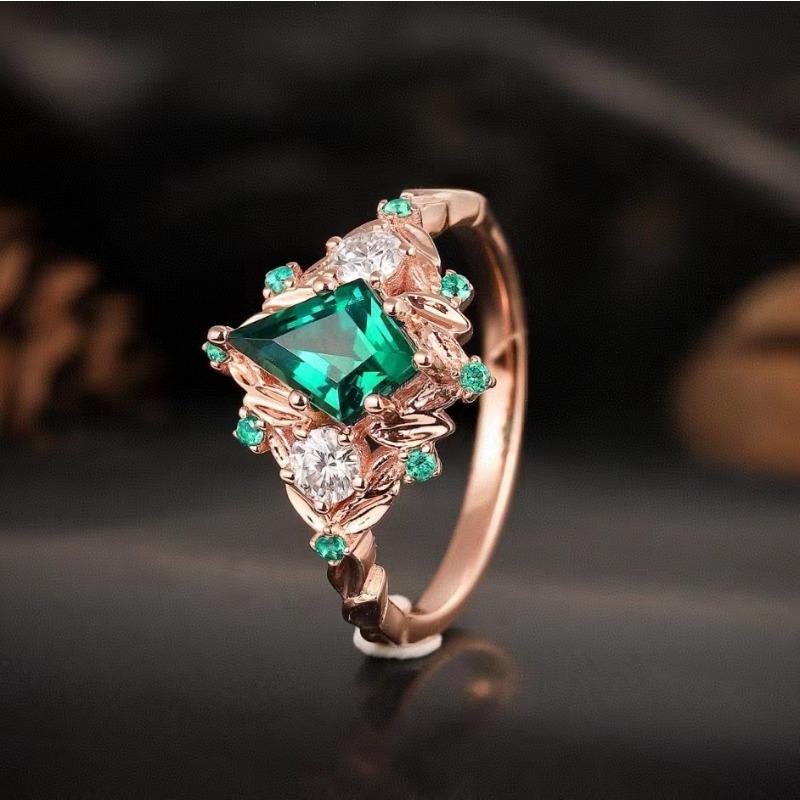 1 Stück Roségold Smaragd Synthetischer Zirkon Ring, Hofstil Mode Ring