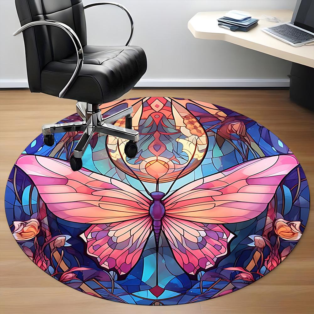 1PC Butterfly StainedGlass Office Round Area Rug, Indoor Mat Suitable For Office, Under Office Chairs Bedroom Living Room Home Decor, Room Deco 138