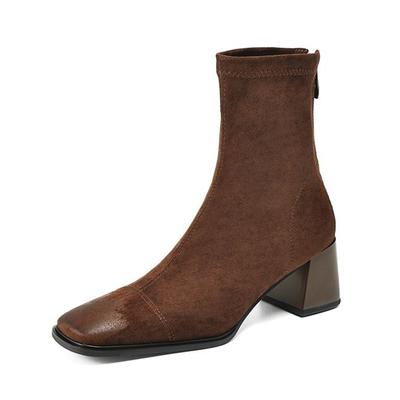 Mikrofaser Flock Quadratische Zehen Winter Dicke Hohe Absätze Mode Stiefel Damen Größe 42 Elegante Patchwork Stiefeletten