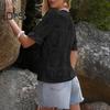 Women Tops Round Neck Puff Short Sleeve Hollow Lace Pullover Tops Solid Color Loose Fit Summer T-shirt