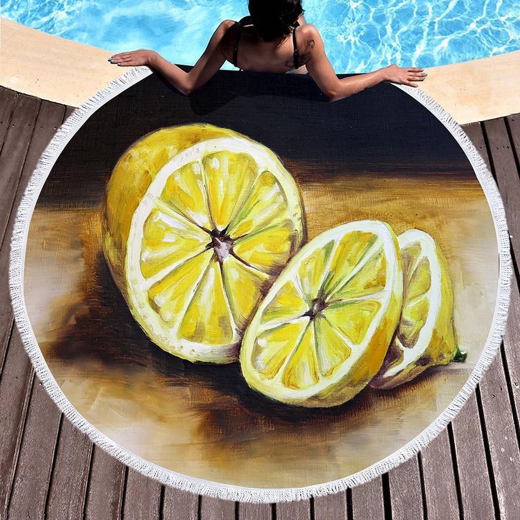 Fresh Fruit Lemon Round Beach Towel Microfiber Circle Towel Picnic Mat Absorbent Meditation Rug Yoga Mat Throw Fringe Tapestry