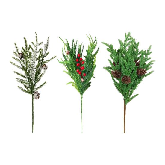 Simulated Pine Branch Faux Greenery Foliage Artificial Pine Sprig with Pine Cones Red Berries for DIY Wreath Home Vases Christmas Winter Parties