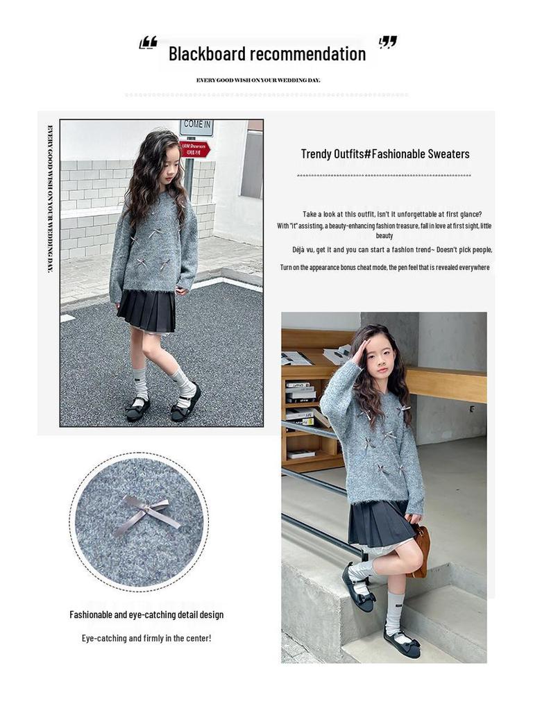 2025 Girls' Fashion: Round Neck Wool Sweater for Autumn/Winter - Medium & Large Children's Knitted Style
