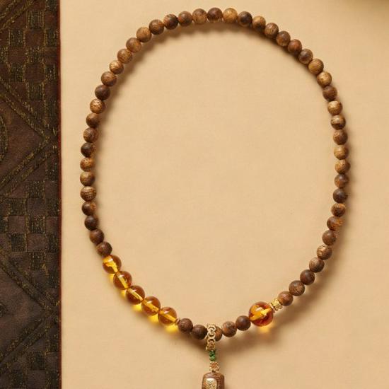 6mm Hainan Agarwood Pendant Charm Bracelet with Amber Zen Style Ornaments