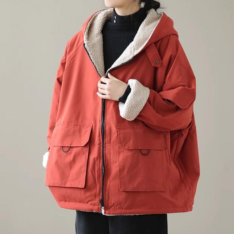 Women Wool Fleece Hooded Cotton-padded Jacket Coat Autumn Winter Women Clothes Patchwork Oversize Warm Fake Two Pieces Sweatshirt