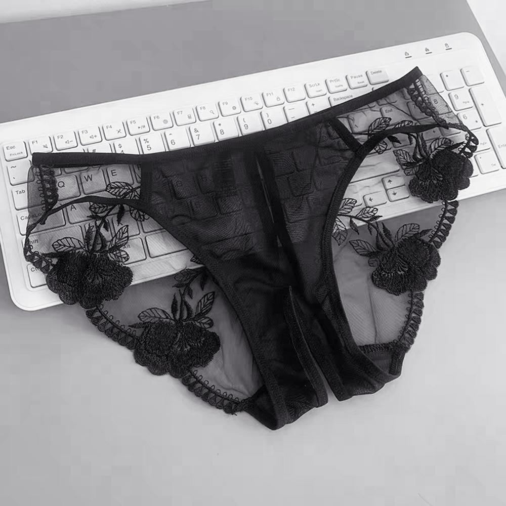 Sexy Lingerie Women Panties Flower Embroidery Transparent Underwear Open Crotch Briefs Mesh Hollow Underpants