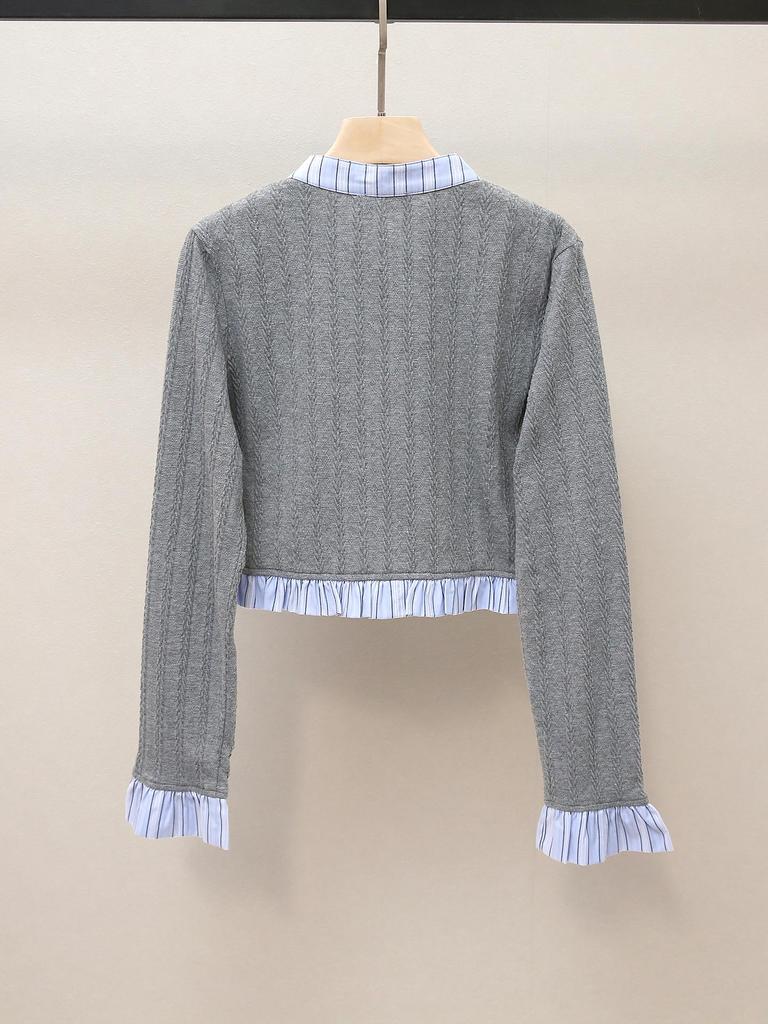 High-End Women's Autumn Sweet Preppy Style Stitching Two-Piece Effect Short Cardigan Sweater