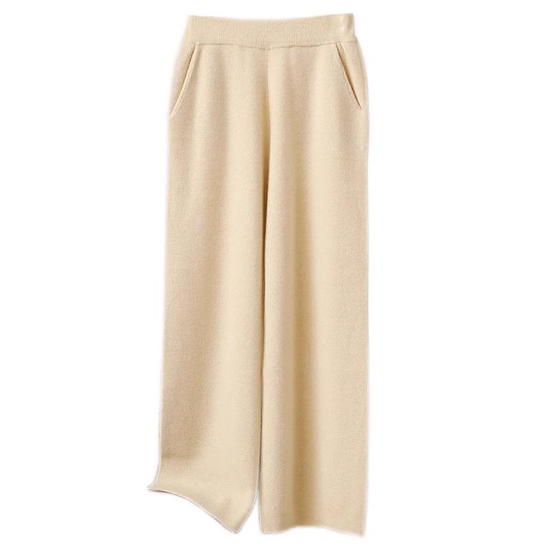 Dámské podzimní/zimní splývavé pletené kalhoty s vysokým pasem a širokými nohavicemi ze 100% vlny – Měkké, všestranné, ležérní, až na zem