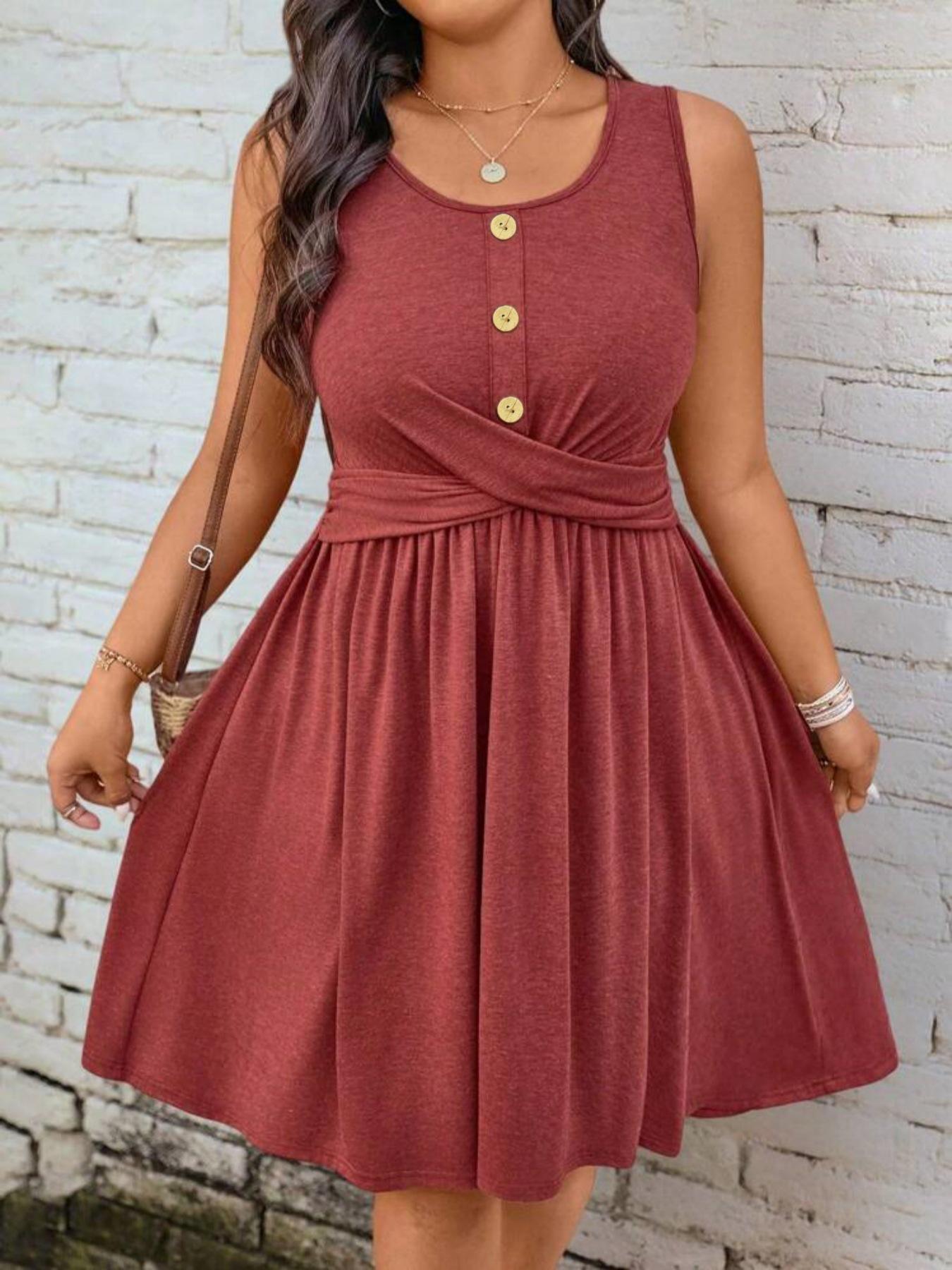 

2026 European & American Women s Casual Solid Color Backless Sleeveless Dress with Waist Cross & Three-Button Detail 1XL