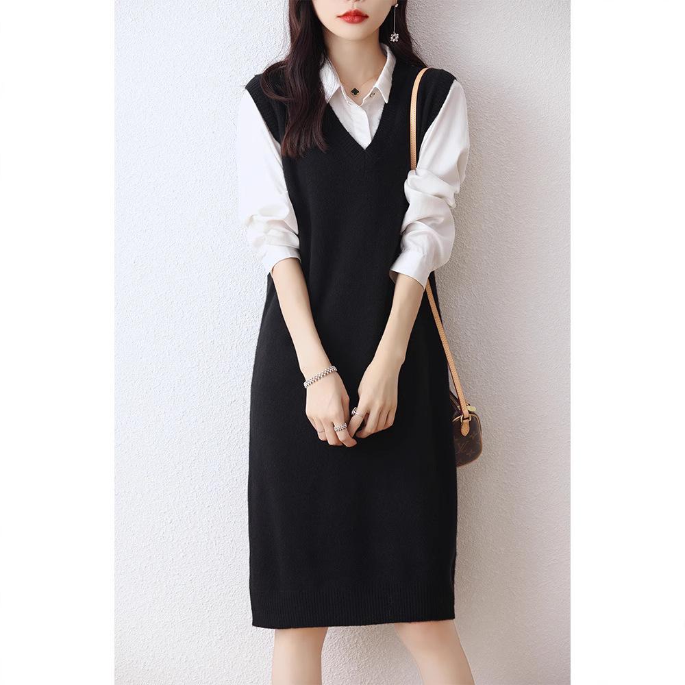 Women's 100% Wool V-Neck Sleeveless Knitted Vest Dress - Long Cardigan Style