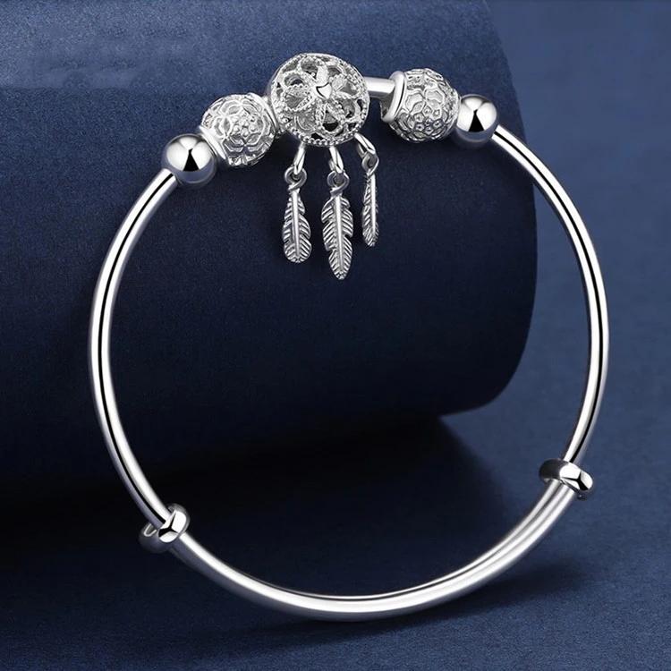 Adjustable Size 925  Silver Bangle Cuff Dreamcatcher Tassel Feather Round Bead Charm Bracelet Jewelry For Women Wedding