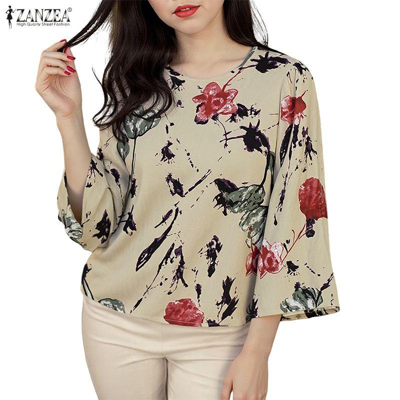 ZANZEA Women Casual Round Neck Summer 3/4 Sleeve Print Blouse