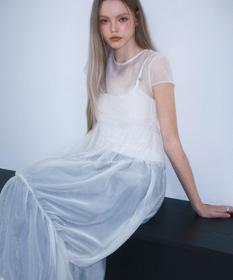 Rose Franz Sheer Layered Shirring Dress [Ivory]