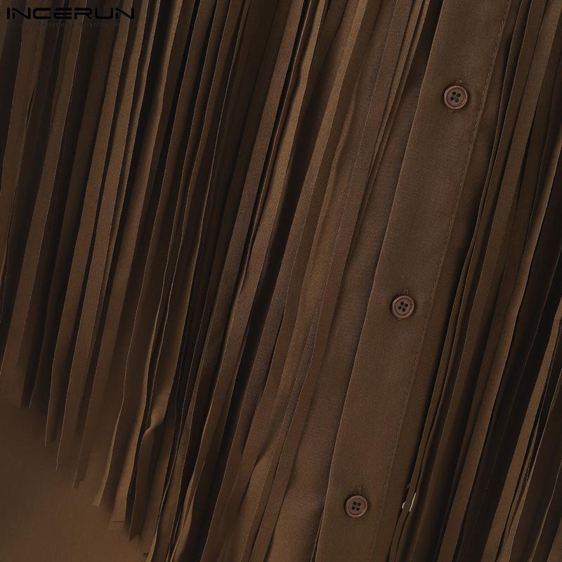 INCERUN Men Short Sleeve Glitter Tassel Patchwork Buttons Casual Tops T-shirts