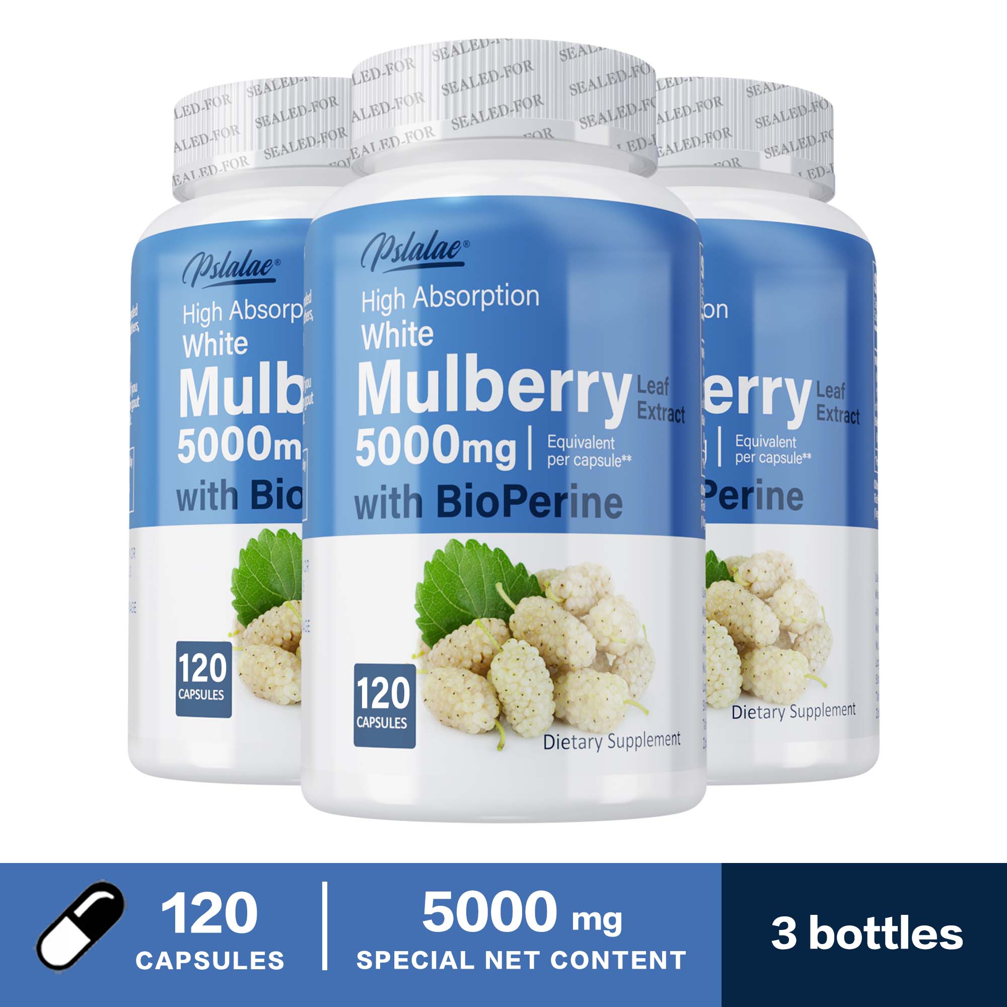 Cápsulas de Extracto de Hoja de Morera Blanca Pslalae, 10:1 Extracto, 5000 mg Hoja de Morera Blanca, Salud General, Adecuado para Adultos 120*3