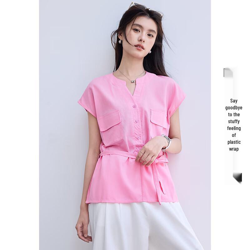 VICTORIA&VERA Women's Summer V-Neck Sleeveless Blouse with Adjustable Tie