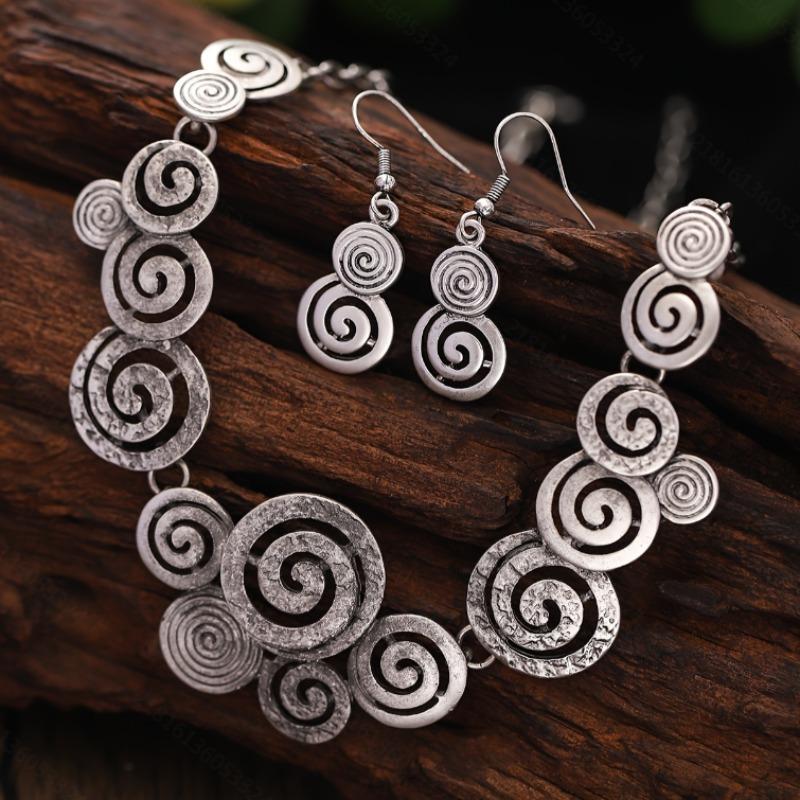 Vintage Ethnic Style Size Swirl Earrings Necklace Jewelry Two Piece Set For Women Elegant Bohemian Jewellery Accessories Gifts
