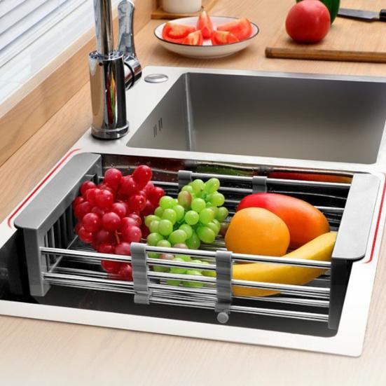 Afvoer Mand Roestvrij Staal Keuken Zink Afvoer Mand Telescopisch Droogrek met Antislip Ondersteuning Bestek Opbergruimte