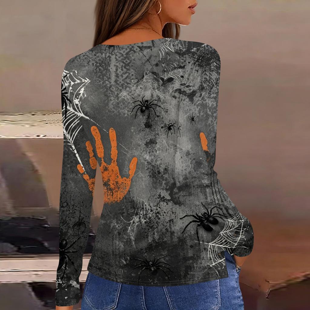 Women's Halloween Print Long Sleeve Top - Casual Pullover with Split Hem, Fun Holiday Design for Parties and Daily Wear