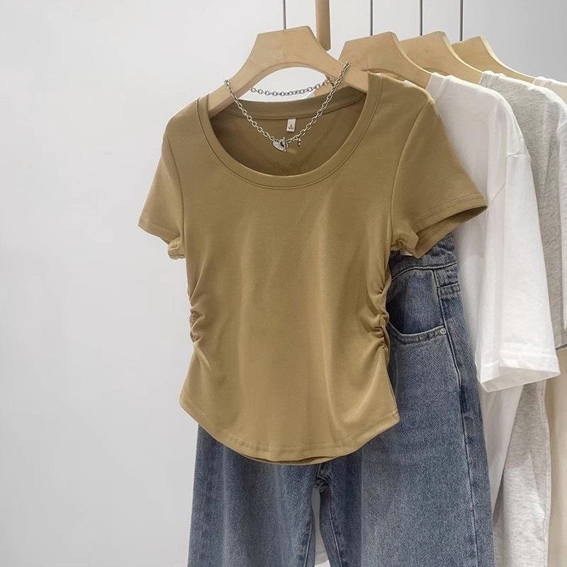 Special White T-Shirt Women's Waist Slim Spice Girl Top Summer Niche Design Sense Pleated U-Neck Exposed Clavicle Short Sleeve