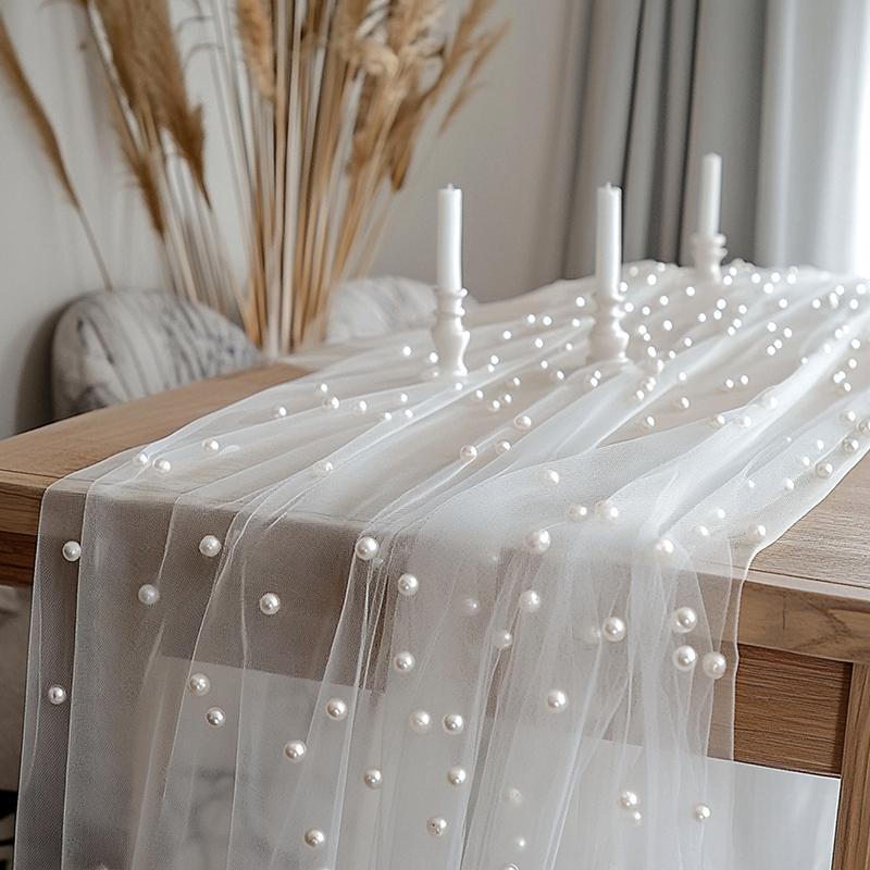 Gazowy Biegacz na Stół Romantyczny Siatkowy Obrus z Pereł Pokrowiec na Stół Weselny Jadalny Dekoracja na Urodziny Baby Shower Imprezowy