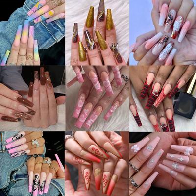 24 TEILE/SATZ Quick Nails Lange Schmetterlings-Glitzer-Maniküre Braut-Ballett-Gefälschte Nägel Wasserdicht Tragbare Fertige Nagelaufkleber