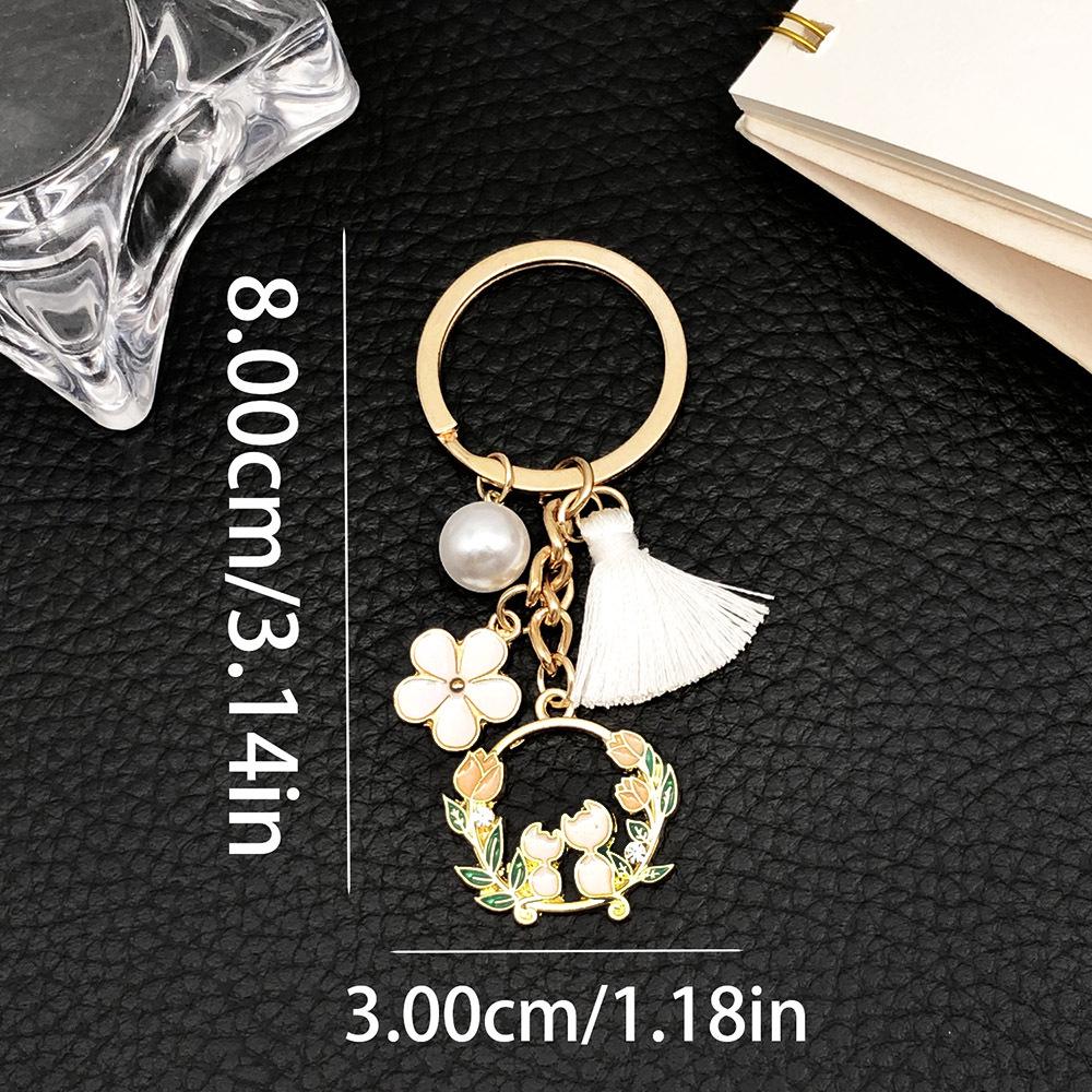 Drip Oil White Cat Pearl Tassel Flower Keychain - Cute Couple & Best Friend Bag Charm