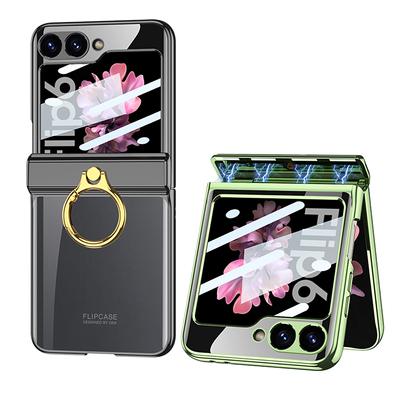 Magnetic Hinge Protection Electroplated Frame Transparent Hard PC Phone Cover for Samsung Galaxy Z Flip 6 Case with Ring Holder
