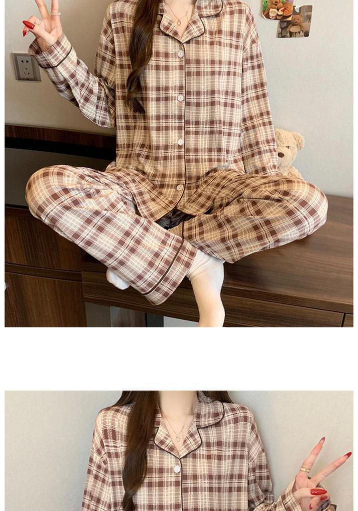 Plaid Long Sleeve Pajama Set with Pants – Spring & Autumn Style, Comfortable Home or Dorm Wear, Suitable for Outdoor Use
