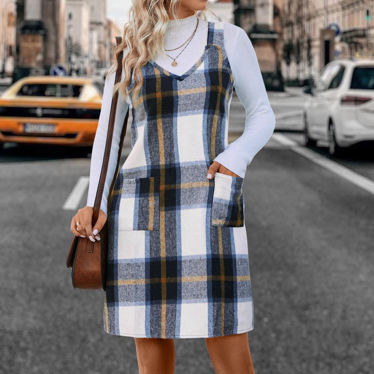 

European & American Women s V-Neck Plaid Pocket Overalls Dress - Spring & Autumn Fashion Clothing Extra Large