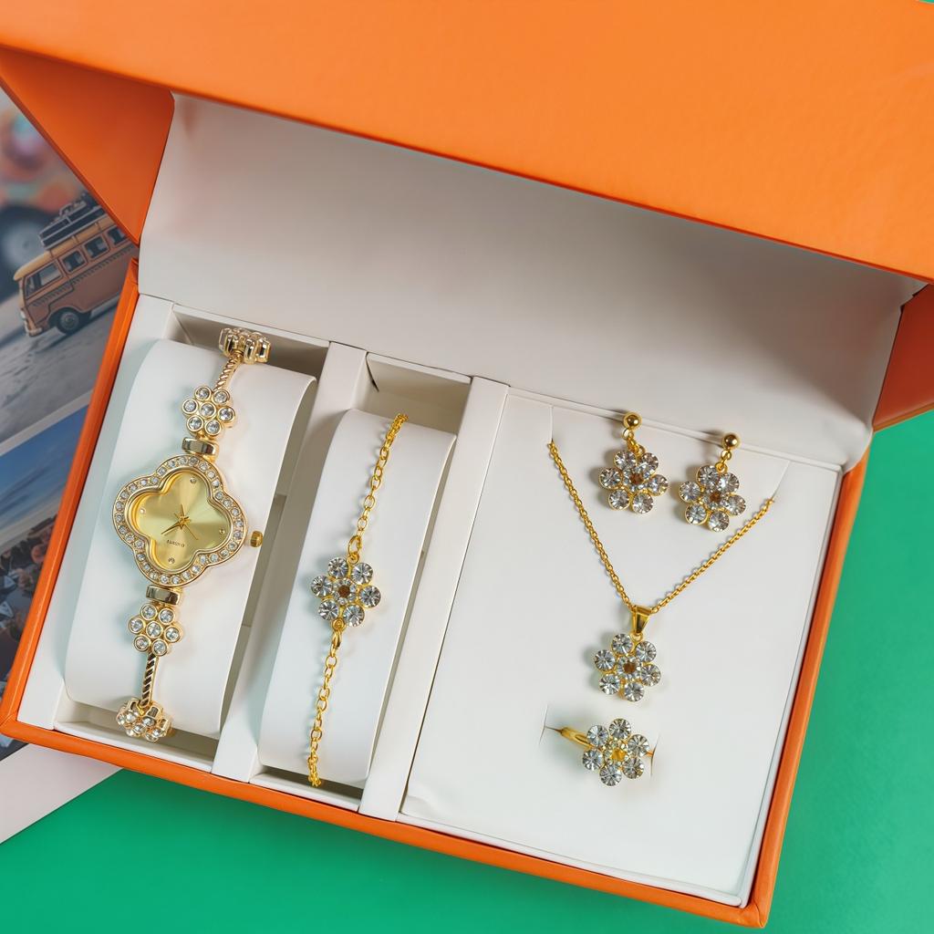 Ladies Diamond Clover Watch Set 5-Piece Fashion Quartz Watch Bracelet Accessories Popular Gift Box