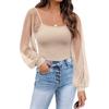 Women's See-through Lantern Sleeves Tops Splicing Slim Tops