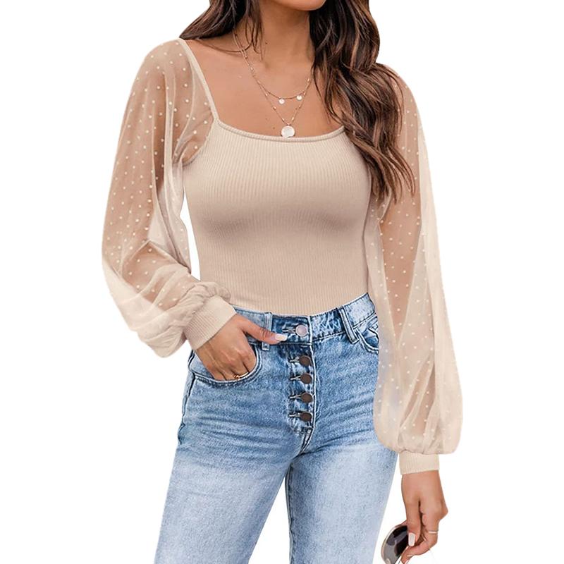 Women's See-through Lantern Sleeves Tops Splicing Slim Tops