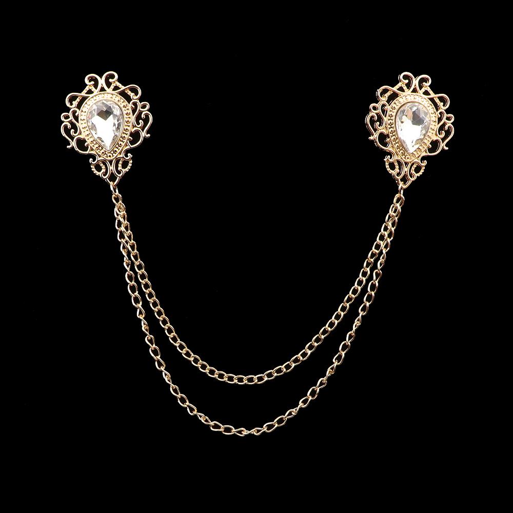 Fashion Gentleman Tassel Brooch For Men Suit Shirt Collar Crystal Cross Chain Lapel Pin Rhinestone Retro Wedding Accessories