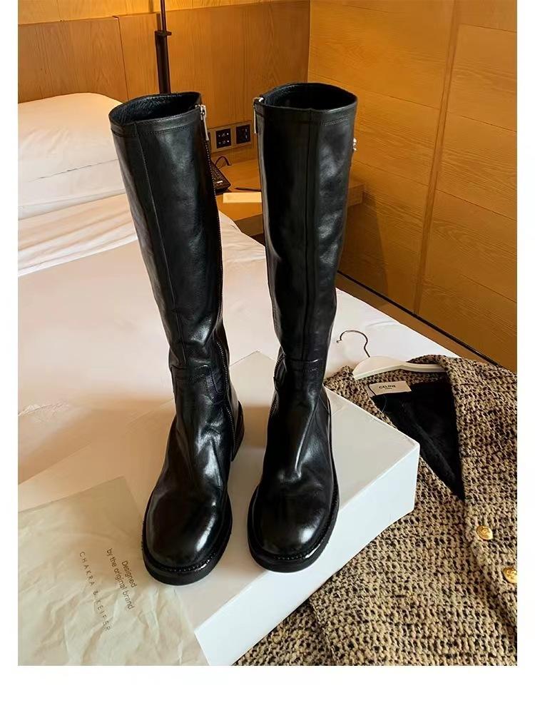 Genuine leather thick soled long boots for women 2026 British style knight boots retro slimming side zipper high top boots